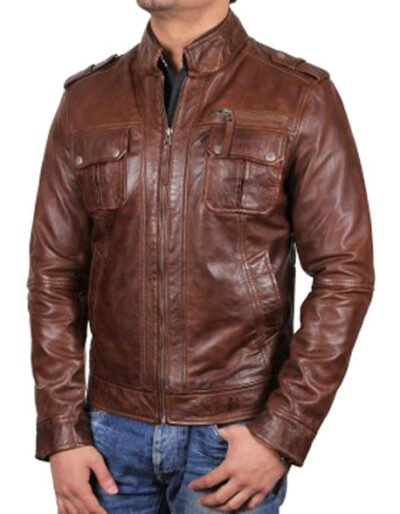 mens leather biker jacket brown