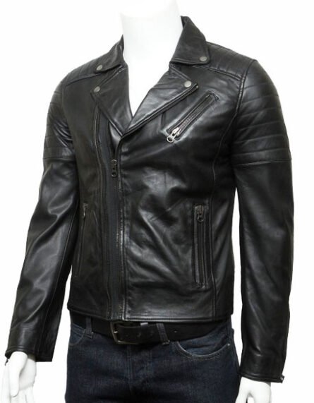 mens biker leather jacket stylish ziped look black