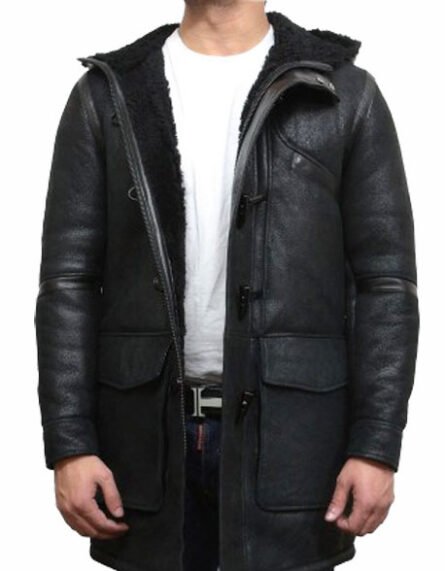 mens hooded luxury sheepskin pea coat german navy long duffle coat