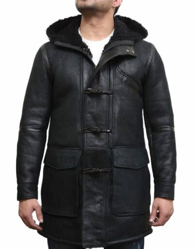 mens hooded luxury sheepskin pea coat german navy long duffle coat