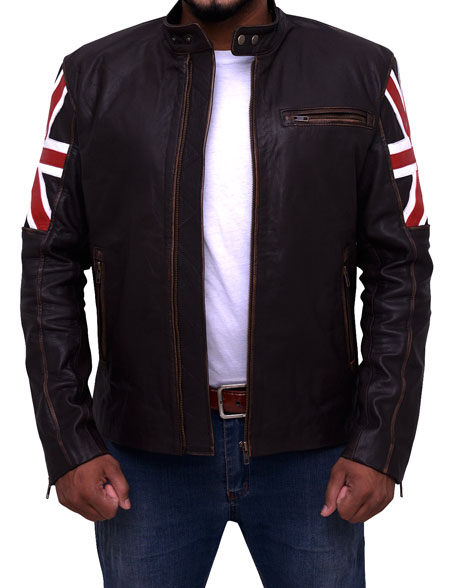 Mens UK Flag Motorcycle Leather Jacket