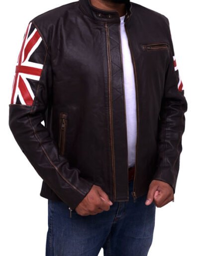 Mens UK Flag Motorcycle Leather Jacket