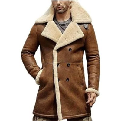 "A rugged yet stylish B3 Bomber Shearling Aviator Coat for Men, crafted from genuine sheepskin leather with a plush shearling lining. Features a high shearling collar, front buckle straps, rib-knit cuffs, and multiple pockets, combining vintage aviator design with modern functionality. Perfect for winter warmth and timeless fashion."
