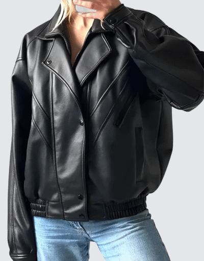 '90s Oversized Black Leather Biker Jacket – Vintage-Inspired Retro Bomber in Genuine Leather for Bold Everyday Style