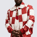 Men’s Red & White Lambskin Leather Biker Jacket – Checkmate Quilted Moto Style - Image 1