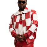 Men’s Red & White Lambskin Leather Biker Jacket – Checkmate Quilted Moto Style - Image 3