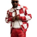 Men’s Red & White Lambskin Leather Biker Jacket – Checkmate Quilted Moto Style - Image 6
