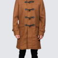 Men’s Tan Wool Coat with Adjustable Hood and Toggle Closure – The perfect blend of rugged style and cold-weather comfort.