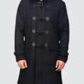 Men’s Slim-Fit Black Wool Hooded Coat with Toggle Closure and Thermal Lining – Tailored winter style with functional warmth.