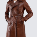 Men’s Distressed Brown Leather Trench Coat – Full-Length Vintage Outerwear with Belted Waist and Retro Finish