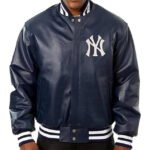 Men’s Yankees Blue Leather Varsity Bomber Jacket – Premium Genuine Leather Baseball Style - Image 3