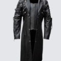 Men’s Gothic Steampunk Trench Coat crafted in real leather, featuring a full-length silhouette and adjustable cuffs—perfect for dark fashion, cosplay, or everyday rebellion.