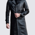 Men's Full-Length Black Leather Trench Coat – Classic Notched Collar Overcoat - Image 1