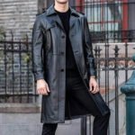 Men's Full-Length Black Leather Trench Coat – Classic Notched Collar Overcoat - Image 5